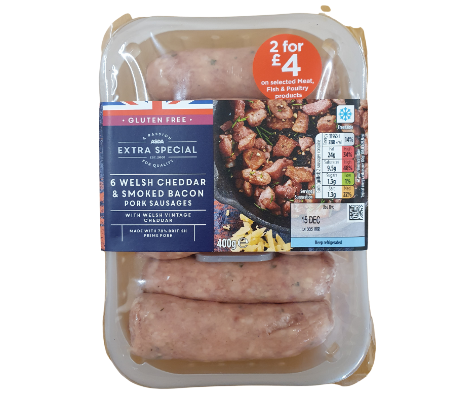 ASDA Extra Special 6 Pork Welsh Cheddar & Smoked Bacon Sausages