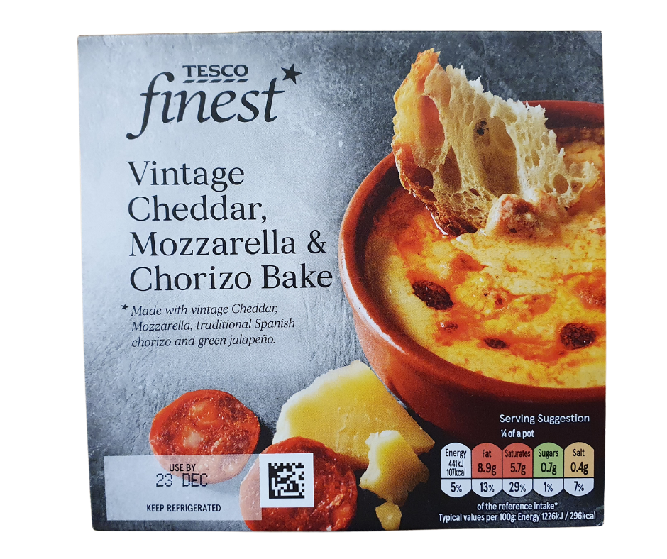 Tesco Finest Cheddar Mozzarella & Chorizo Bake 150G